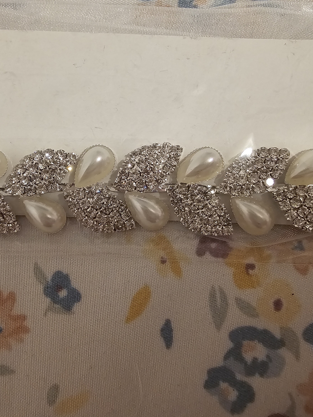 David's Bridal Pearl and Crystal Leaf Accent Belt - Silver and Pearl